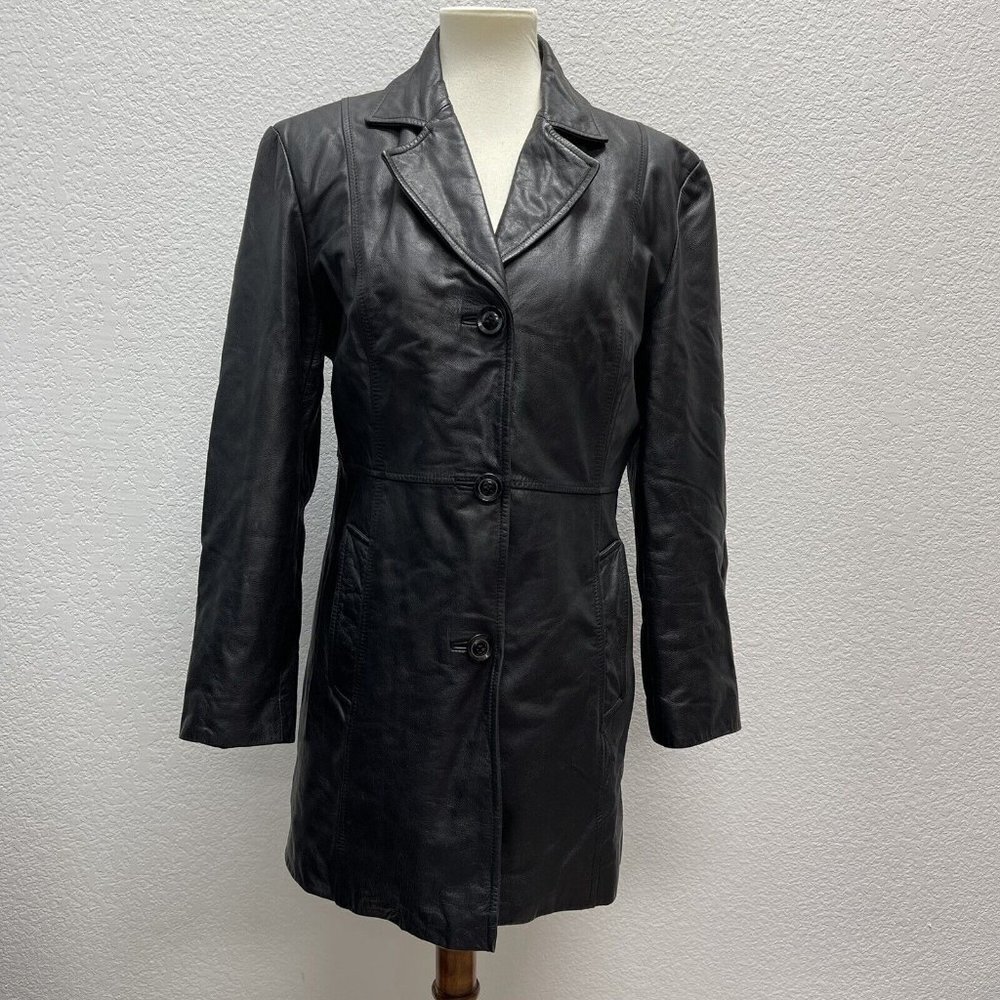WINLIT Womens Medium Black Soft 100% Leather Button Jacket Long Lines Dress Coat